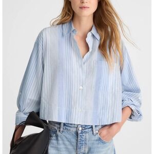 Madewell Women's Striped Button Down Cropped Poplin Blue Shirt M Medium New